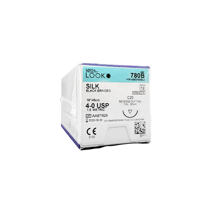 Look 780B Silk Black Braided Reverse Cutting Sutures C20 4-0 18 Look 780B Silk Black Braided Reverse Cutting Sutures C20 4-0 18